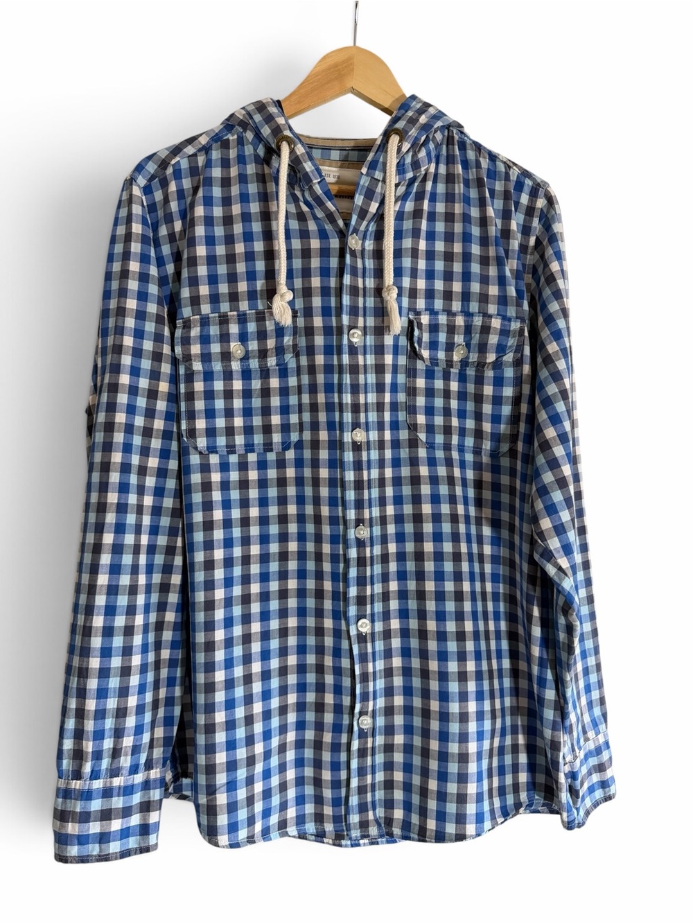 Men's Ditch Plains New York Blue Plaid Drawstring Hoodie Button-Up Shirt